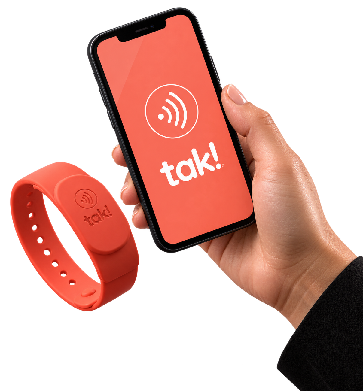 Mano con teléfono y wristband NFC tak! de silicona coral