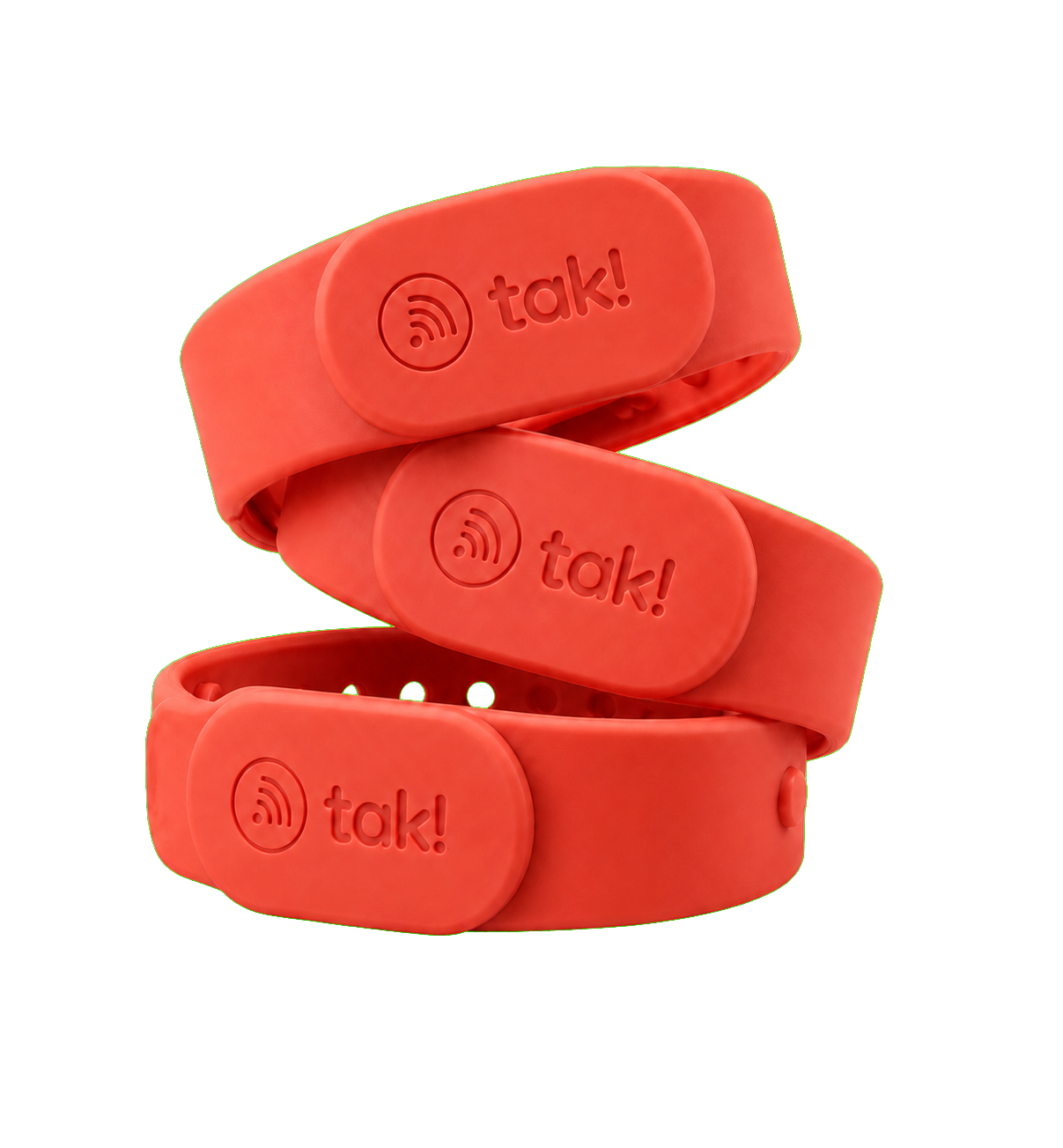 Tres wristbands NFC coral de tak! apiladas
